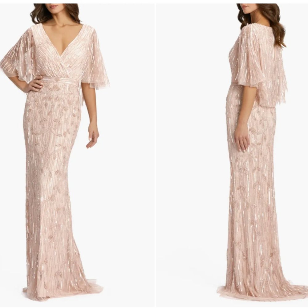 MAC DUGGAL 9064 CAPE SHORT SLEEVE FAUX WRAP BODICE BLUSH TRUMPET GOWN sz 14